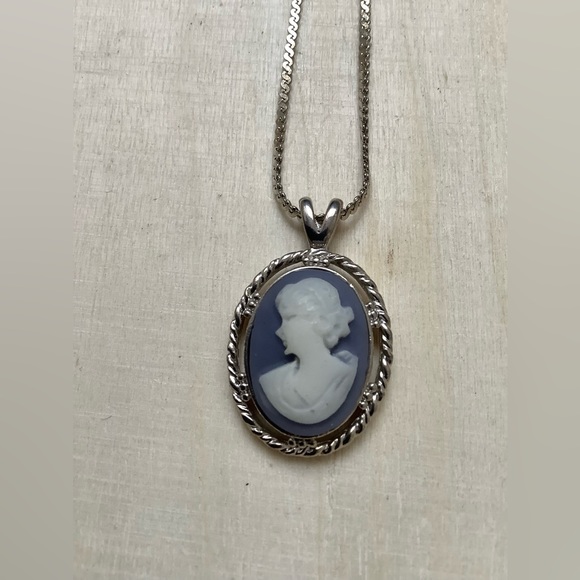 Vintage blue & white cameo pendant necklace - Picture 2 of 8